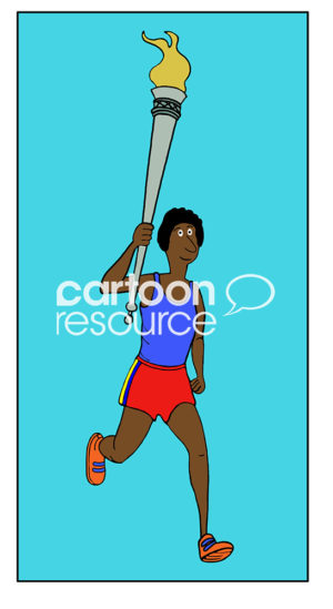 Sports color cartoon illustration of an African-American running and holding an Olympic type torch up high.