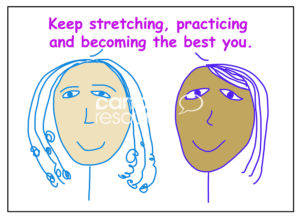 Positivity color illustration of two racially diverse, smiling women saying, '... becoming the best you'.