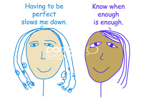 Color cartoon of two racially diverse women talking about the importance of not trying to be perfect.