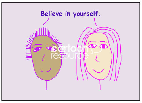 Positivity color illustration of two racially diverse, smiling women saying, 'believe in yourself'.