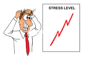 Color business cartoon showing a male businessman pulling his hair out. The chart beside him shows he is at maximum stress level.