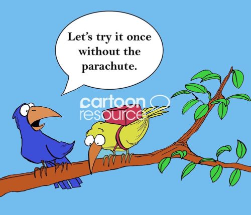 Color change cartoon showing a timid bird wearing a parachute. His bird friend and coach says, 'let's try it once without the parachute'.