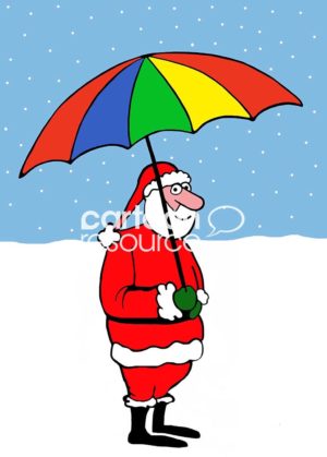 Color Christmas cartoon illustration of a standing Santa Claus in snow holding a rainbow colored umbrella.