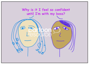 Color cartoon of two ethnically diverse business women asking why are they confident until they are with their boss.