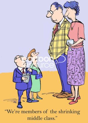 Political color cartoon of two very small and two very tall people. The small people say, 'we're members of the shrinking middle class.'