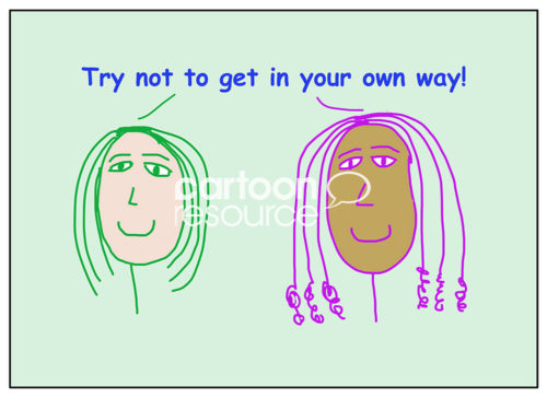 People illustration of two smiling, ethnically diverse, beautiful women stating, "try not to get in your own way".