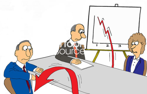 Color finance cartoon showing three businesspeople looking at a sales plan that is so negative the arrow has bounced off the chart and under the table.