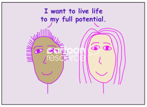 People illustration of two racially diverse, beautiful, smiling women stating, "I want to live life to my full potential".