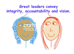 Color cartoon of two smiling racially diverse business women stating great leaders exhibit integrity, accountability and vision.