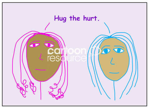 Color cartoon of two beautful, african-american women stating hug the hurt.