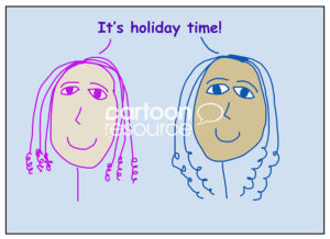 Color cartoon of two smiling, beautiful and racially diverse women exclaiming it is holiday time!