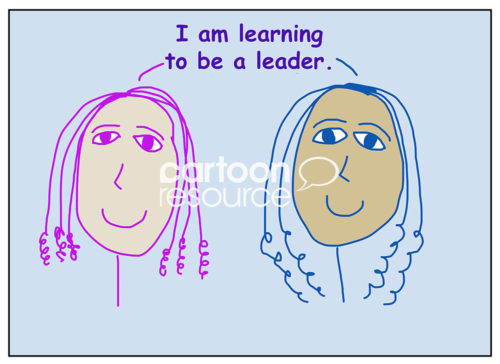 Color cartoon of two smiling, beautiful and racially diverse women stating I am learning to be a leader.