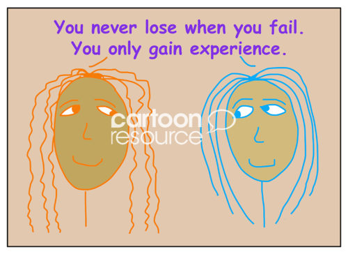 Color cartoon of two smiling, african-american women saying taht you never lose when you fail, you only gain experience.