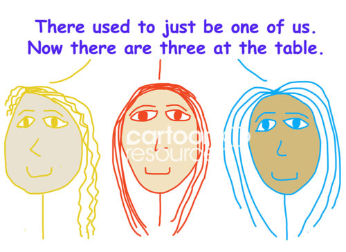 Color cartoon of three racially diverse, smiling business women saying that there used to just be one woman at the business table, now there are three.