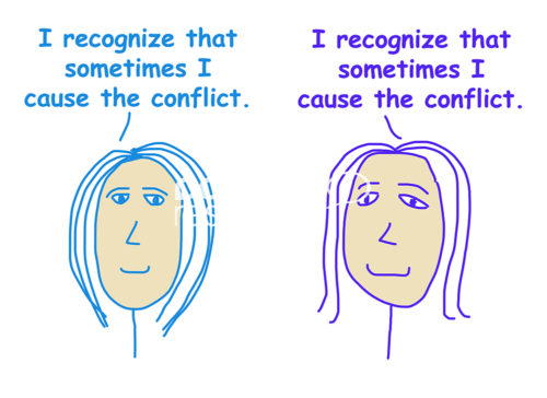 Color cartoon of two women both saying that they recognize that sometimes they cause the conflict.
