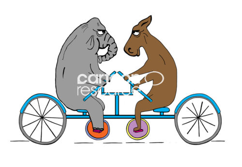 Color political cartoon of an elephant and a donkey as they peddle against each other