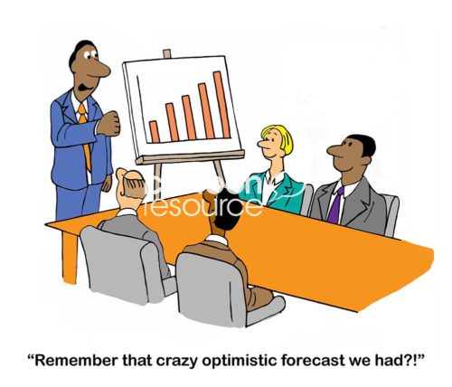 Color sales cartoon of a team meeting where the male, African-American boss is telling the team that they beat the "... crazy optimistic forecast".