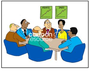 Color sales cartoon showing charts with rapidly growing profit and sales and a large group of team members who are smiling.