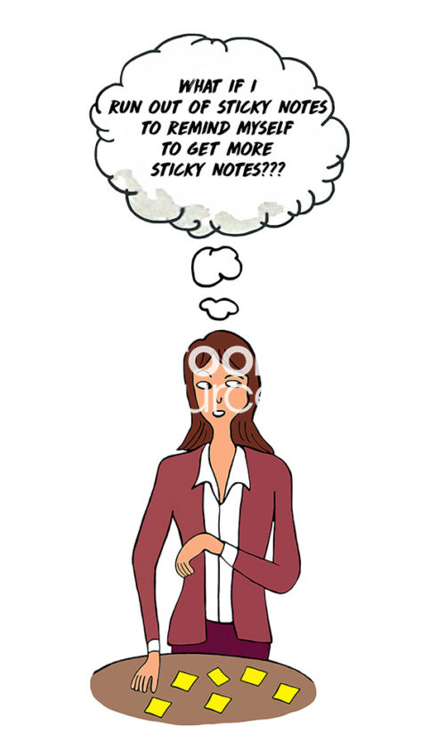 Color cartoon of a business woman thinking about running out of sticky notes to remind herself to purchase more sticky notes.