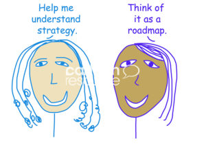 Color cartoon showing two racially diverse women defining strategy as a roadmap.