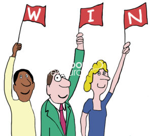 Positivity color cartoon of three racially and gender varied people each holding a flag that together spells 'WIN'.
