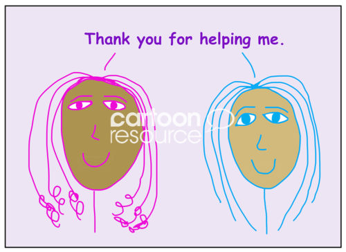 Color cartoon of two smiling, beautiful, african-american women stating thank you for helping me.