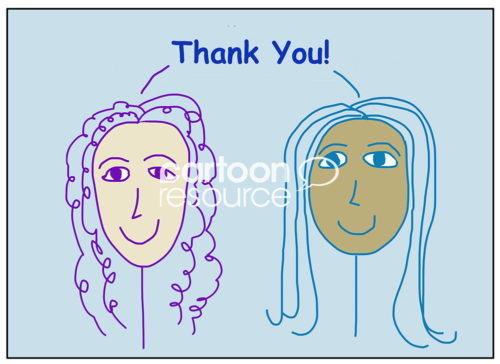 Color cartoon of two smiling, beautiful and racially diverse women saying Thank You!