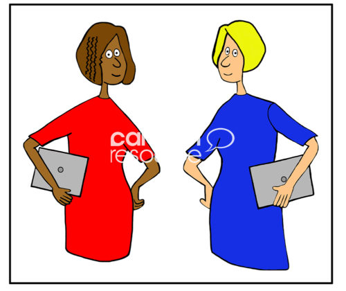 Office color cartoon showing two smiling women, one Caucasian and one African-American, wearing a blue dress and red dress, respectively and each holding a laptop.