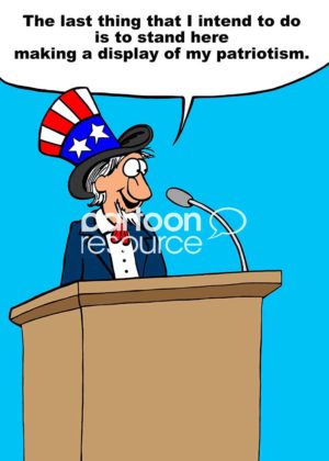 Speaker denies that he is being nationalistic even though he is dressed as Uncle Sam.