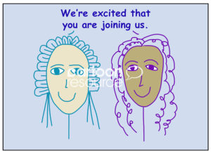 Color cartoon of two smiling and racially diverse women saying we are excited that you are joining us.