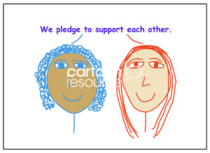 Color cartoon of two smiling, racially diverse women stating they pledge to support each other.