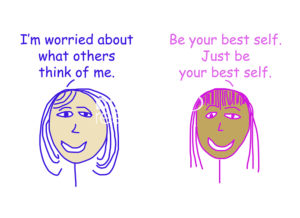 Color cartoon of two racially diverse women talking about the importance of being your best self at all times.