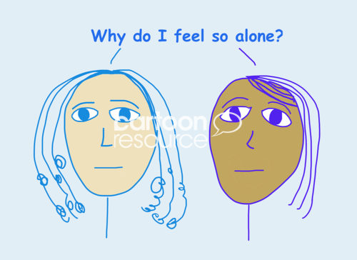 People illustration of two racially diverse women asking, "why do I feel so alone?".