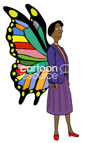 Positivity color cartoon of a smiling African-American wearing a purple suit with colorful butterfly wings on her back.