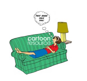 Working woman color cartoon showing a woman finally able to rest and relax on her sofa.
