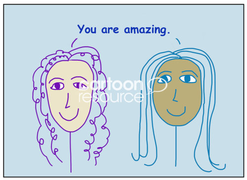 People cartoon illustration of two racially diverse, smiling, beautiful women stating, "you are amazing".