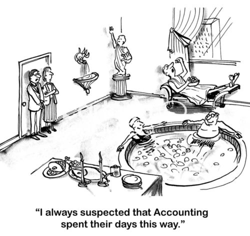 B&W accounting cartoon showing accountants relaxing as if they were Roman gods. A coworker says, "I always suspected that Accounting spent their days this way'.