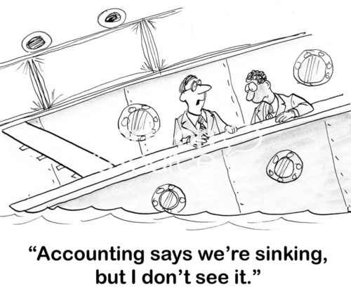 B&W accounting cartoon showing a boss who is blind to the fact that the 'ship' is sinking.