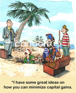 Color accounting cartoon showing a pirate digging up a treasure chest. The accountant tells the pirate he can hep him save on capital gains tax.
