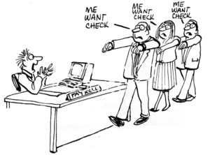 B&W accounting cartoon showing zombie workers invading payroll and saying 'me want check'.