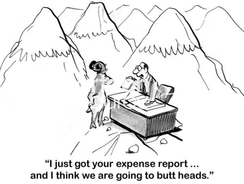 B&W cartoon of an accountant saying to a worker mountain goat, "I just got your expense report and we're going to butt heads".