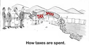 B&W accounting cartoon showing the people paying taxes. The money goes into a big government machine then into a big hole.