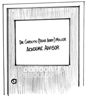 Education b&w cartoon of an office door that indicates the counselor is also similar to a 'Dear Abby' type of personality.