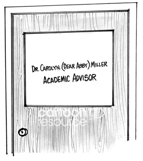 Education b&w cartoon of an office door that indicates the counselor is also similar to a 'Dear Abby' type of personality.
