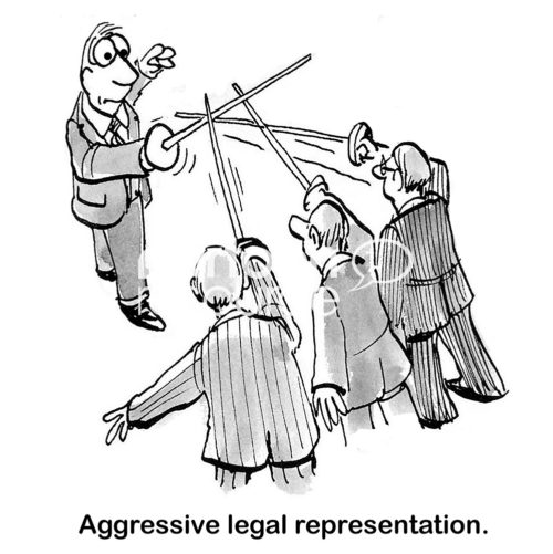 Legal b&w cartoon of three male lawyers sword fighting against one male lawyer, 'Aggressive legal representation'.