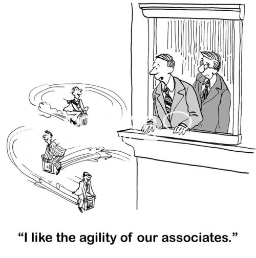 Technology b&w cartoon showing three IT workers flying through the sky on their computers. Their male boss says, "I like the agility of our associates'.