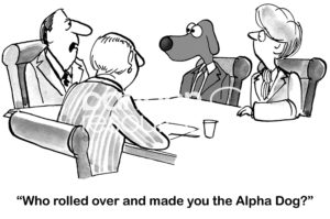 Boss b&w cartoon showing three people and an office dog in a meeting. One businessman says to the dog, "Who rolled over and made you the Alpha Dog?".