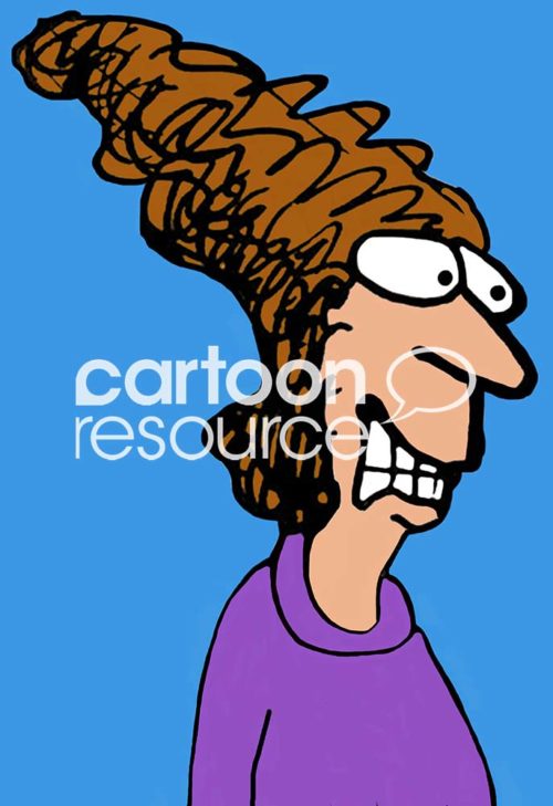 Color cartoon illustration of an extremely stressed woman, wearing a purple shirt, she is gritting her teeth and her hair is a mess.