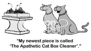 Cat b&w cartoon of cats designing art out of their litter boxes.