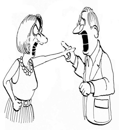 B&W cartoon illustration of a man and woman irate, pointing and yelling at each other.